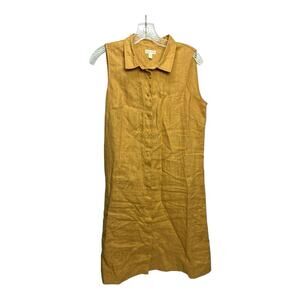 Garnet Hill Linen Dress Womens 6 Gold Sleeveless Collard Button-Down